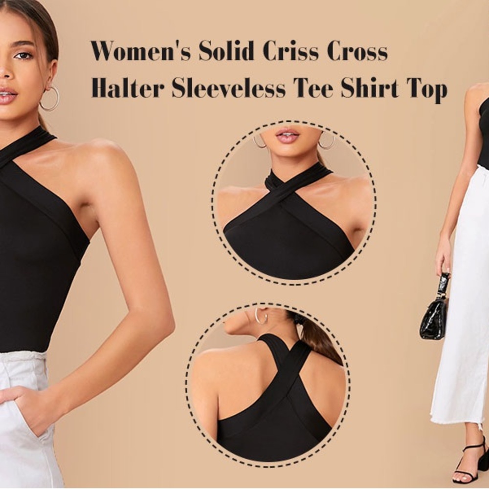 NWT - Floerns Black Criss Cross Halter Sleeveless Tee Shirt Top